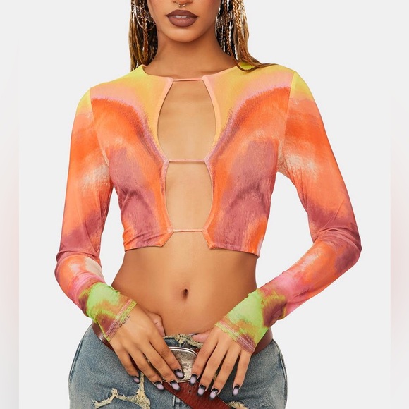 AFRM Tops - NWT - AFRM Vida Mesh Long Sleeve Crop Top in Neon Watercolor Size Medium